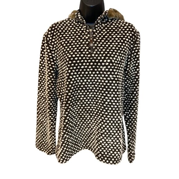 Athleta Black White Raised Dot Pullover Wool BlendHoodie with Faux Fur Trim Sz M - Picture 1 of 11